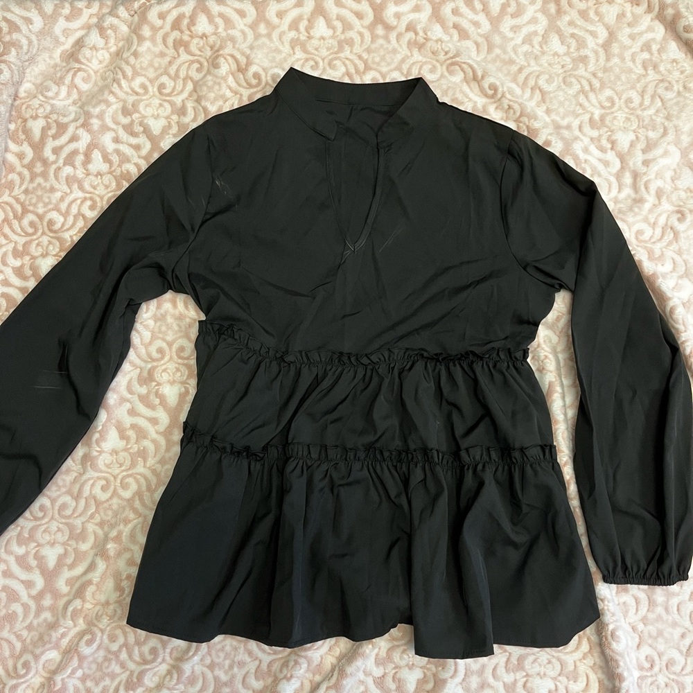 Black Long Sleeve Ruffle Hem Blouse